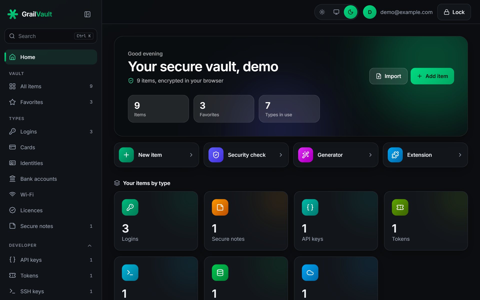 The GrailVault dashboard showing items, favorites and recent logins