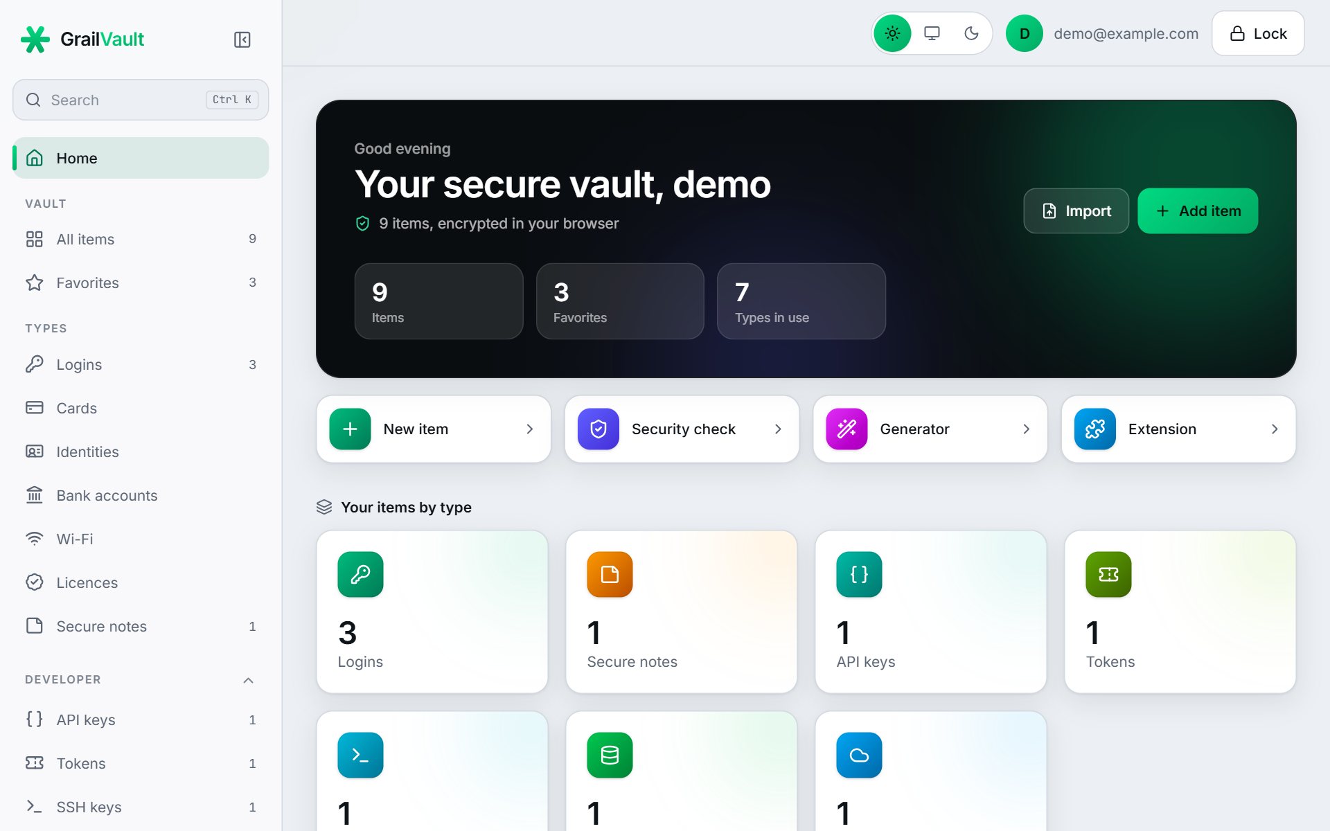 The GrailVault dashboard showing items, favorites and recent logins