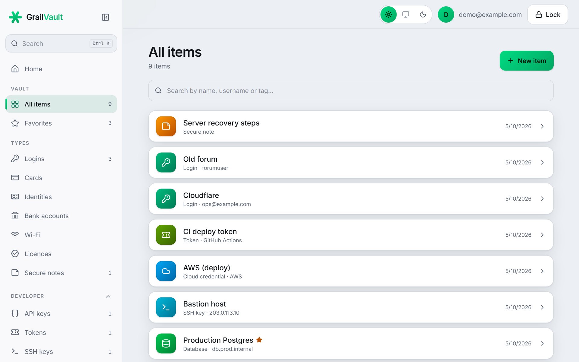 The item list with search, icons for each type and favorites